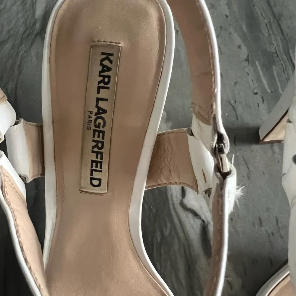 Karl Lagerfeld White Patent High Heel Sandals with Buckle